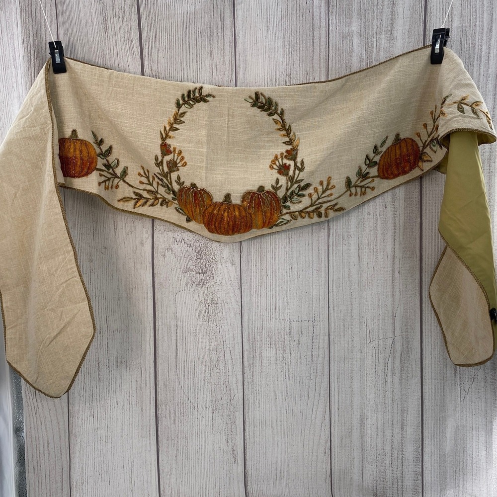 Tahari Home Mantel Scarf Cream Beaded Pumpkin Embroidered Fall Thanksgiving